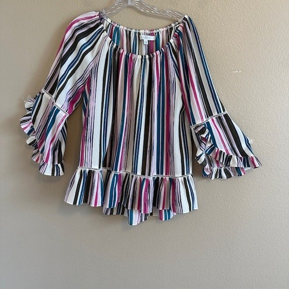 Fever Women's Off The Shoulder Multicolor Striped Tunic Blouse Flutter Sleeve LG - Picture 3 of 8